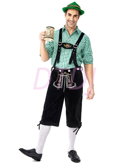 Picture of Bavarian Guy Mens Lederhosen Green Shirt + Black Shorts