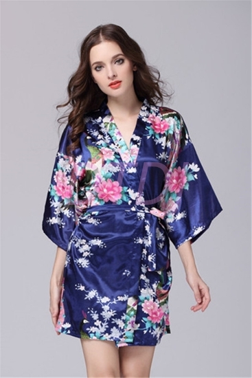 Picture of Women Floral Satin Kimono Robes - Navy