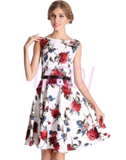 Picture of Rockabilly 50s 60s Vintage Evening Retro Pinup Swing Cocktail Dress-White with red flower