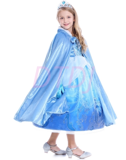 Picture of Princess Elsa Cape - Girls Blue Velvet Hooded Costume Cloak