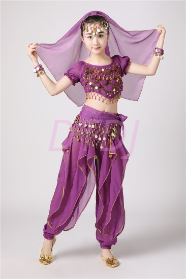Picture of Girl's Belly Dance Outfits Paillette Ruffles Short Sleeves -Puple