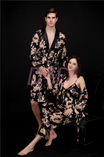 Picture of Womens Mens Satin Dressing Gown Robe Sleepwear for Couple - Black