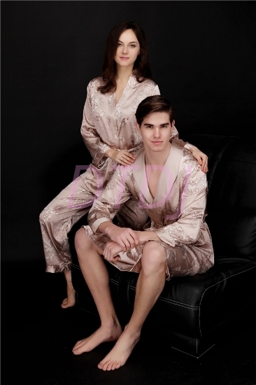 Picture of Womens Mens Satin Dressing Gown Robe Sleepwear for Couple - Camel
