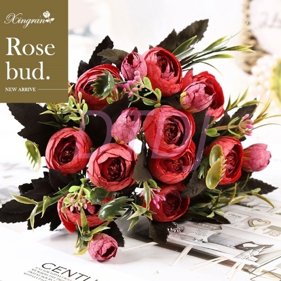 Picture of 2pcs Bouquet 8 Heads 5 Branches Artificial Roses Flowers - Wine Red