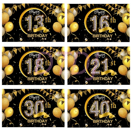 Picture of Birthday Celebration Decorative Black Gold Backdrop Banner 110*180CM