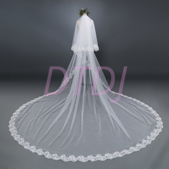 Picture of One-tier Classic Wedding Ivory Veil Cathedral Veil with Lace Solid 3m Tulle