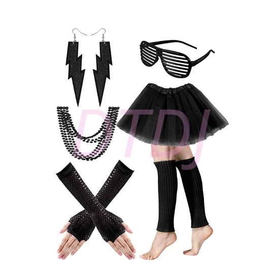 Picture of Womens Neon 80s Tutu Skirt Fancy Dress 6pcs Accessories Set  - Black