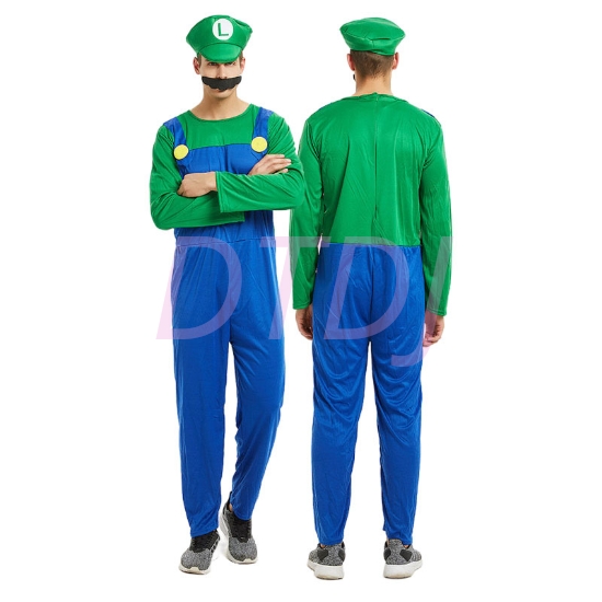 Picture of Super Mario Bros Mens Costume Luigi  Green / Blue Jumpsuit