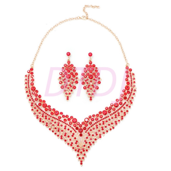 Picture of 3pcs/set Jewelry Set Red Rhinestone Necklace Earrings