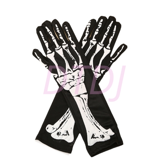 Picture of Medium Length Black Skeleton Gloves - Halloween Costume Accessory