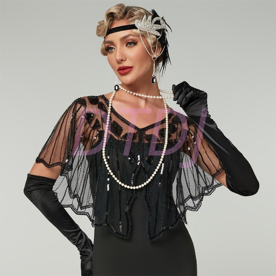 Picture of 1920s Womens Vintage Boutique Beaded Sequin Flapper Cape - Black