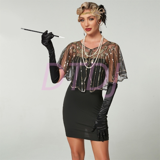 Picture of 1920s Womens Vintage Boutique Beaded Sequin Flapper Cape - Black/Gold