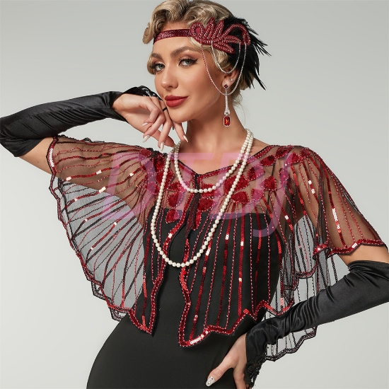 Picture of 1920s Womens Vintage Boutique Beaded Sequin Flapper Cape - Red