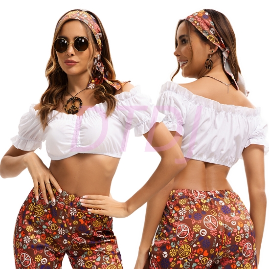 Picture of White Retro Top - 70s Short Sleeve Vintage Blouse